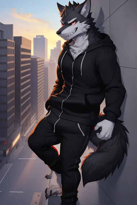 (4k , ultra detailed , flat colored)Furry werewolf , black wolf，Wear a black zip up hoodie，((hoodie is open)) , dark grey pants , wolf feet , wolf tail , 1tail , tail on waist , malicious grin , blood red eyes , standing over a building ledge