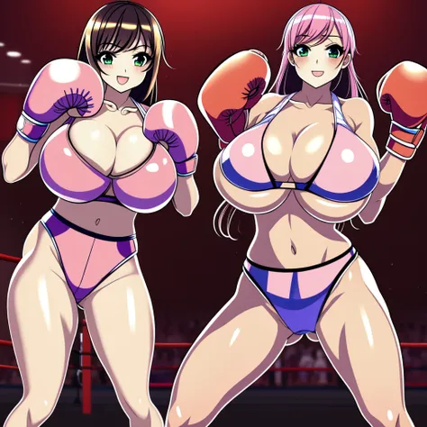 NSFW , Fullbody drawing wide view , Kawaii face , hentai Porn Game style , The Sexy oppai boxing Japan Southkorea wars , In Chinatown boxing rings , Wear athletic Olympic costume , Fighting Two boxer girls , Wear boxing groves with Defence pose, So huge op...