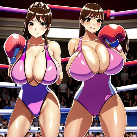 NSFW , Fullbody drawing wide view , Kawaii face , hentai Porn Game style , The Sexy oppai boxing Japan Southkorea wars , In Chinatown boxing rings , Wear athletic Olympic costume , Fighting Two boxer girls , Wear boxing groves with Defence pose, So huge op...