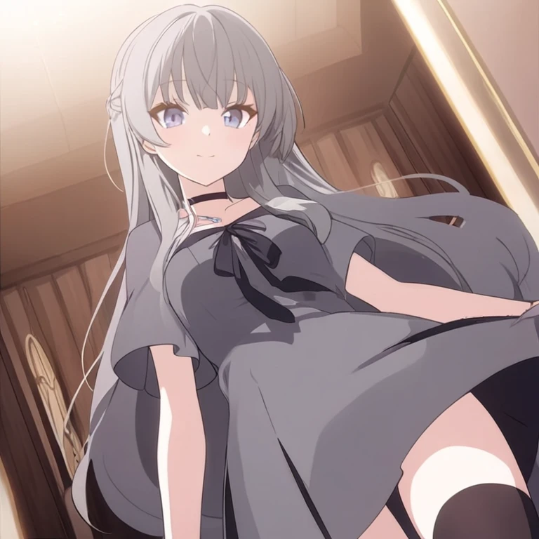 Anime girl wears grey dress with black stockings. 