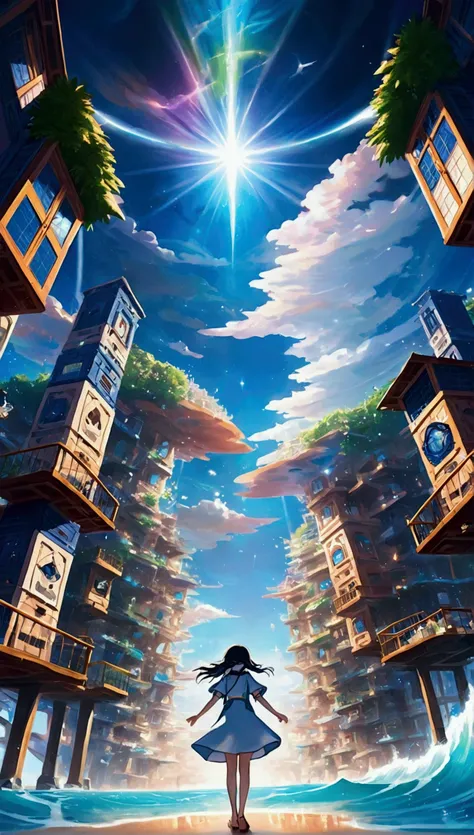 animesque、Faraway view、landscapes、vanishing point、Outrageous resolution、hight resolution、ultra-detailliert、The upper half shows the universe、Below is the sea、Bright atmosphere、Fantasia、magia、Mare、Daylight hours、clean blue sky、sunlight shining、prisma、beauti...