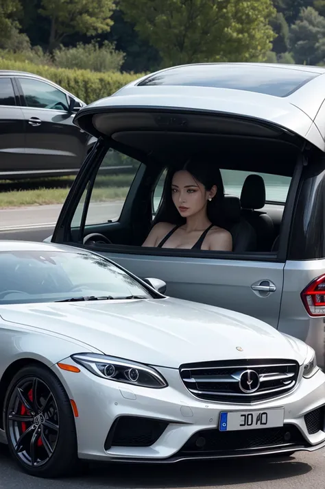 A woman driving a luxury car