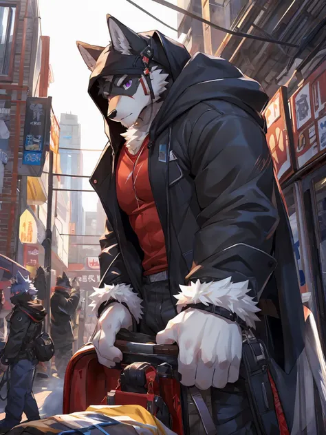 embedding:black wolf, male,purple eyes,Scar on the face, scar on the body,Single person,The side,In the carriage,Look outside,Outside the train is the city.Headset,The hood,Black jacket,Bust,The game CG,Illustration,On the train,The highest quality of scen...