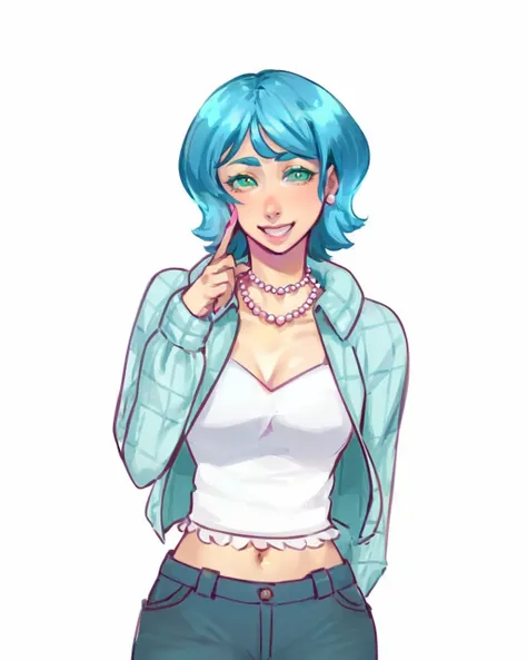 ((Adult)) ((girl)) ((woman)) ((blue short hair)) ((green eyes)) ((idle pose)) ((front view)) ((white top with flares)) ((dark turquoise jeans)) ((turquoise jacket)) ((pink pearls necklace)) ((one hand up)) ((one finger up)) ((front view))  ((looking at you...