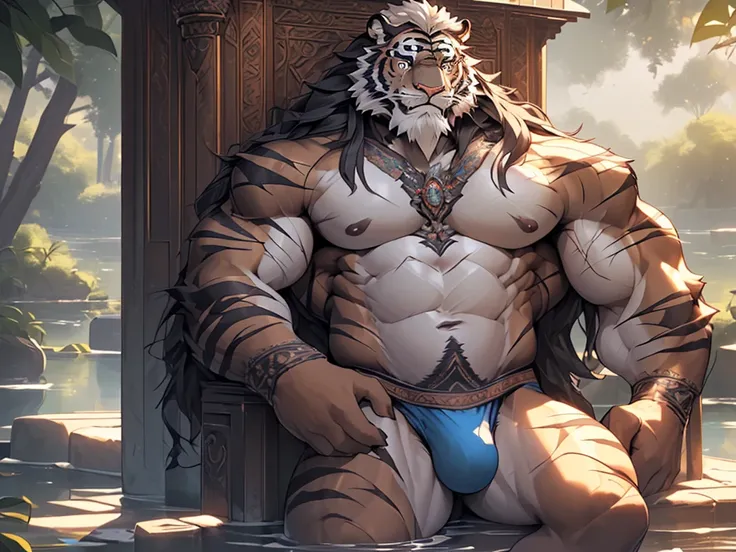 (masterpiece),(highres),(intricate details:1.4),extremely detailed,(illustration:1.2),8k,photorealistic,exquisite,(daddy:1.5),aged,elder male tiger ,muscular,(guardian:1.7),(safety guard),black fur,manhood,warrior,(black fur:1.3),long hair,long beard,(nume...