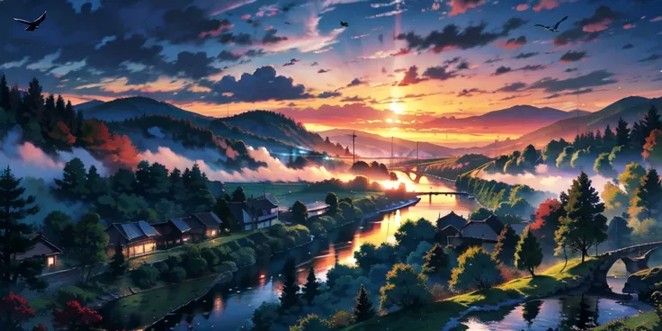 Vision，River flowing out of the forest，sunrise，cloudy，Birds flying over the river