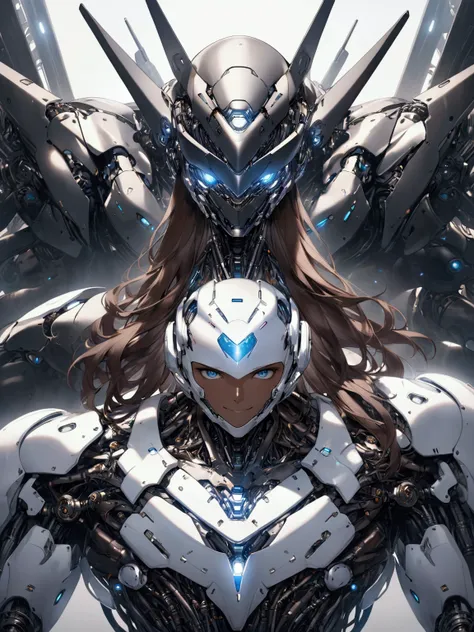 ((masterpiece)), ((best quality)), (from front, facing front), (cyber, war robot, massive), 1man, adult man, solo, black skin, human head, long brown hair, blue eyes, solid white robot armor, smiling, hyper-detailed, metallic sheen, futuristic, mechanical,...