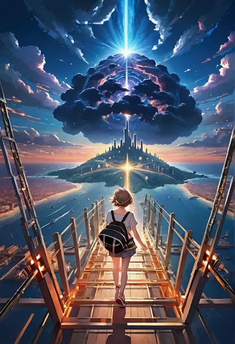 animesque、Faraway view、landscapes、vanishing point、Outrageous resolution、hight resolution、ultra-detailliert、The upper half shows the universe、Below is the sea、Bright atmosphere、Fantasia、magia、Mare、Daylight hours、clean blue sky、sunlight shining、prisma、beauti...