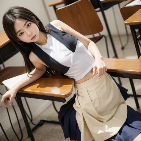  Many japanese girls in class wearing sleeveless school uniform 