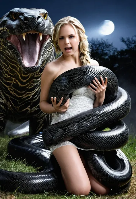   Happy Horny, aroused 1girl), beautiful kneeling blonde  young teen girl  with  giant colossal black titanboa squeezing her hard, wrapped in thick spiraling coils, constricted, struggle, gasping for air, snake attack, snake peril, moonless night, dim ligh...