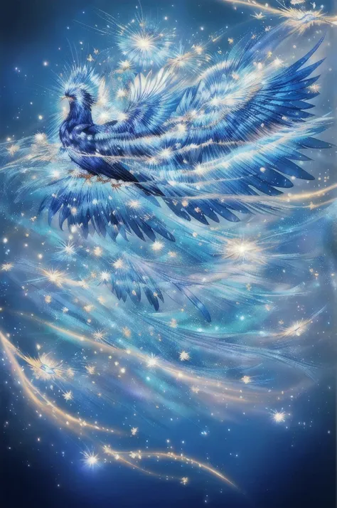 Blue Suzaku、blue bird 、Blue Phoenix、Large wings、Bright light、There is a lot of light overall、大きいblue bird 、Beautiful feathers、Flying Upwards、god々Shii、solo, Sparkle Effect, Daytime、sun、