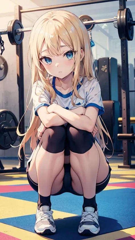 Highest quality、masterpiece、Anime girl sitting cross-legged in the gym, Beautiful アニメの女の子 squat, アニメの女の子 squat, White gym clothes、Wearing dark blue Bloomers, ネイビーカラーのBloomers, 15 years old. 4K,  Bloomers, Anime girl sitting cross-legged on the ground, . sq...