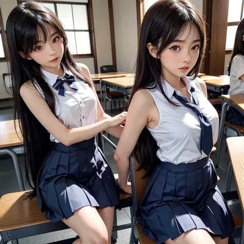  Many japanese girls in class wearing sleeveless school uniform 