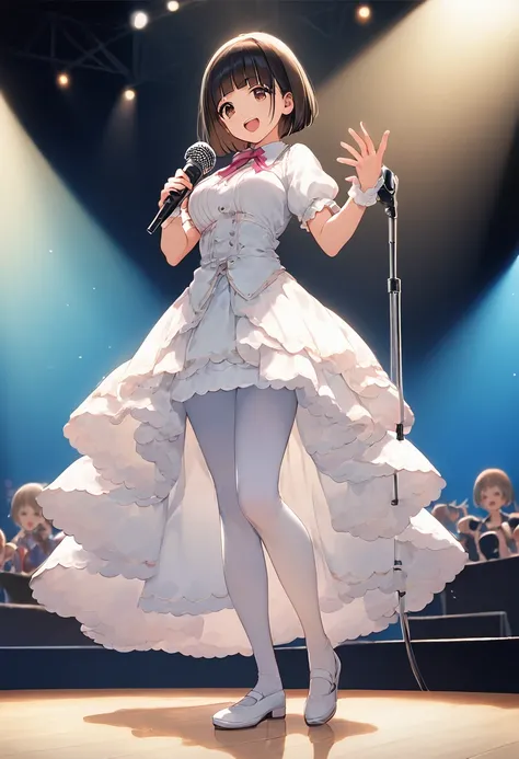 score_9,score_8_up,score_7_up,masterpiece,best quality, source anime, official art, super detailed, extreme detailed, rating_safe,
1girl, singing, holding microphone with mic stand,  
BREAK girl, 22yo, short hair, bob cut, (blunt bangs), black hair, (tarem...