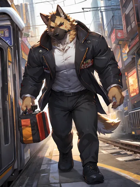 embedding:German Shepherd Dog, male,red eyes,Single person,The side,In the carriage,Look outside,Outside the train is the city.Headset,,Black jacket,The game CG,Illustration,On the train,The highest quality of scene detail,adult,Tall and powerful,muscle，Be...