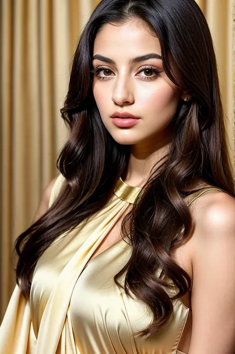 Arabic appearance A slim, medium-height young woman with long black hair that cascades in soft waves over her shoulders. She has deep brown eyes that shine with sincerity and wisdom. Her skin is olive-toned with a slight golden hue. Her facial features are...