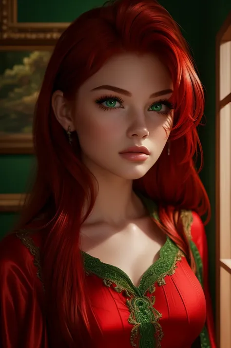 16 year old Shannon Tweed, ultra detailed face, ultra detailed green eyes, (((red hair))), (dress), (((masterpiece)))