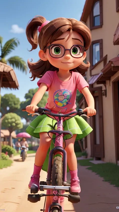 A 9-year-old girl with brown hair in a ponytail, wearing a colorful dress, riding a bicycle, 8-year-old girl with green eyes, pink glasses, denim shorts and a colorful t-shirt standing on the back, bicycling through dirt streets of a coastal city, detailed...