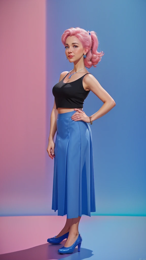 Close -up,a woman in a blue skirt and pink shirt standing in a room, in style of disney animation, disney character style, photorealistic disney, disney character, in style of disney pixar, as a pixar character, animated film, stylized as a 3d render, anim...