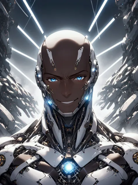 ((masterpiece)), ((best quality)), (from front, facing front), (cyber, war robot, massive), 1man, adult man, solo, black skin, human head, long brown hair, blue eyes, solid white robot armor, white metal body, smiling, hyper-detailed, futuristic, mechanica...