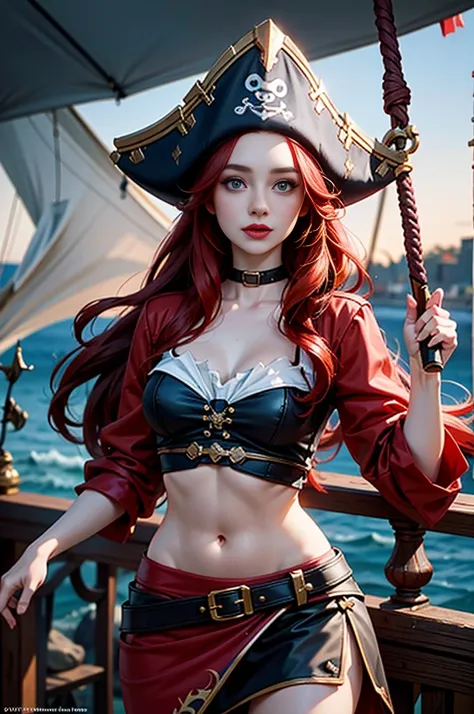 english woman,1girll,lovely and beautiful fas,28 year old,red hair,double tails, practical pirate clothing, (long-sleeved pirate...