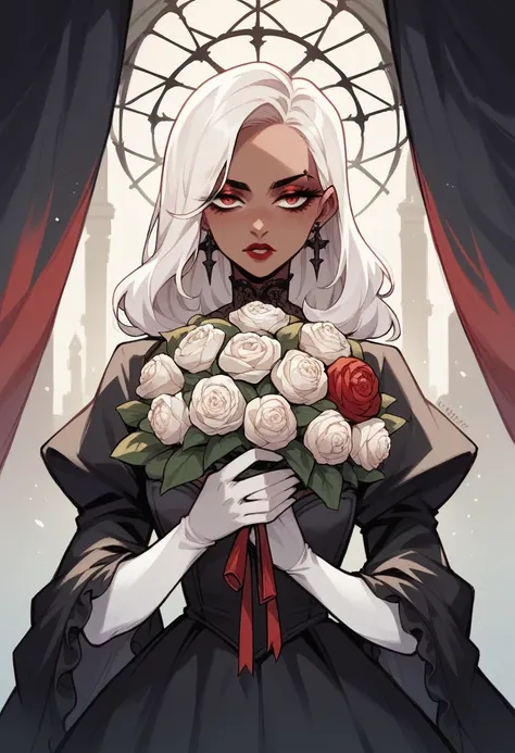 Young woman with dark skin,gothic,white hair,Eyes red,red lipgloss stick, wearing a black wedding outfit, holding a bouquet of flowers,in a haunted cathedral and the night