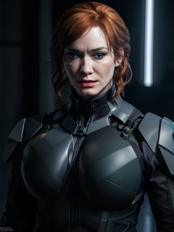 Imagine Christina Hendricks as a Metal Gear Solid character, powerful female character, short wavy orange hair and bright blue eyes, 48 years old, high-quality face study of Christina Hendricks, buxom chested, deep cleavage, (Christinas sculpted cheekbones...