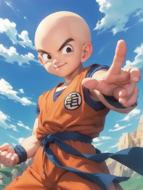 dragon ball krillin pointing at the camera with his finger, character dragonball, dragon ball style, dragon ball artstyle, high quality fanart, dragon ball, official art, dragonball, dragon ball concept art, krillin, high quality, dragon ball z style, hand...