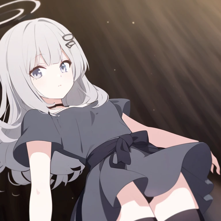 Anime girl with long grey hair thats over the waist, wear grey dress, black stockings, have hairclip. 