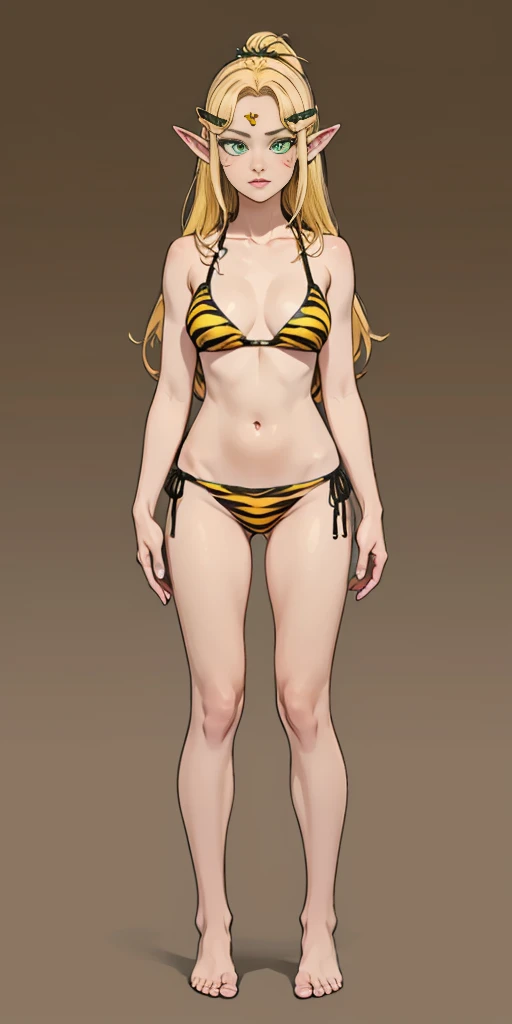 tsundere elf full body toe to head, long hair, blonde hair (green eyes:1.1) pointy ears, elf, multicolored hair, forehead jewel, yellow tiger bikini, standing symmetrical, plain background