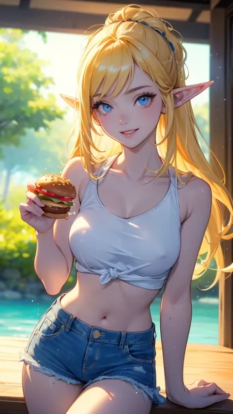 work of art, epic details, ultra detaild, best resolution, Woman, blonde, (BEAUTIFUL ELF), tied up hair, ((rosto angelical)), sculptural body, wearing denim shorts and a white tank top, ((perfect hands))), ((expression of happiness)), (Grinning), great smi...