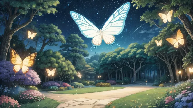 Studio ghibli, enchanted landscapes with lights , butterflies, fireflies, etc
