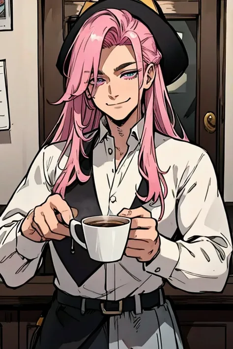 Perfect face. Perfect hands. A handsome pink haired cowboy with violet eyes and long hair in a sheriffs outfit is drinking coffee in the sheriffs office with a big smile