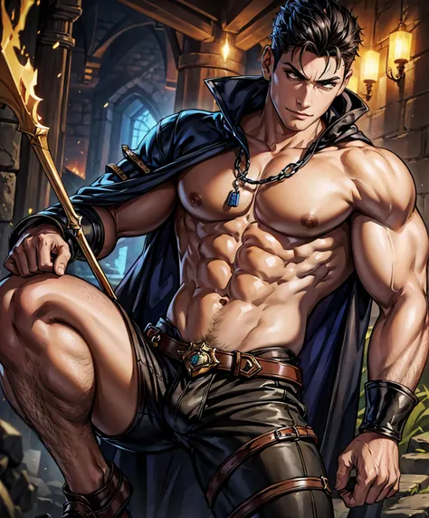 score_9, score_8_up, score_8,  (((Single character image.))) (((1boy))) (((Dressed in medieval fantasy attire.)))   (((This male character is sexy and virile.))) Generate a powerful male warrior for a fantasy setting.  Defined abs.  Pecs focus.  Sexy tatto...