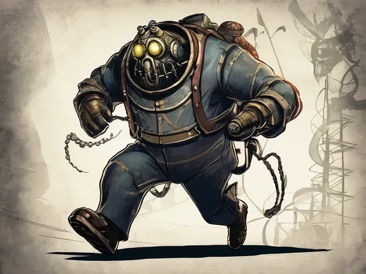 big daddy from bioshock seen from the side running chasing someone