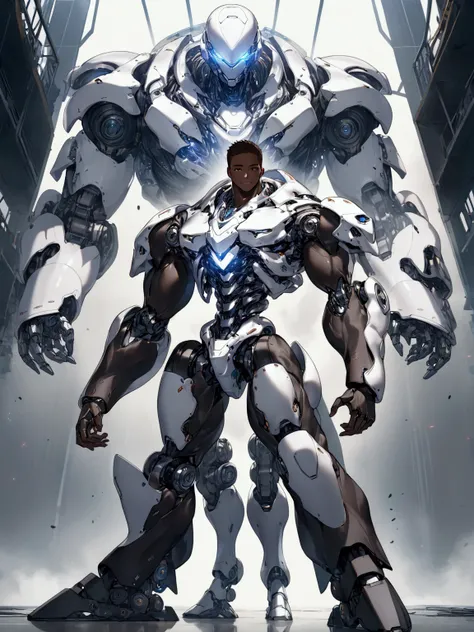 ((masterpiece)), ((best quality)), (from front, facing front), (cyber, war robot, massive), (full-body shot), 1man, adult man, solo, black skin, human head, long brown hair, blue eyes, solid white robot armor, white metal body, smiling, hyper-detailed, fut...