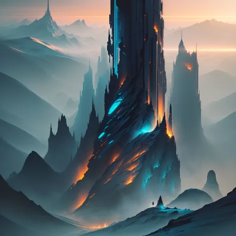 there is a very tall building in the middle of a mountain, by Christopher Balaskas, black gold and teal, sci fi epic digital art, inspired by Christopher Balaskas, sci-fi digital painting, 8k matte painting, 8 k matte painting, epic fantasy sci fi illustra...