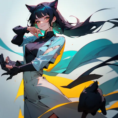 best quality, best quality, best anatomy, good hands, good body, complete fingers, extra digits, A girl with black hair, with black cat ears, a hand pat her head, she looks beautiful with a sweet smile on her face, background: shady city park