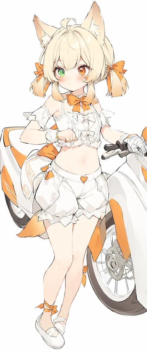 The fox girl,1girl,short hair, The hairstyle is like Klees,animal ears, bangs, bare shoulders, blonde hair, blush, bow, breasts, white cleavage, cropped torso, , green eyes, hair ribbon, heterochromia, , , , orange bow, orange eyes, orange ribbon,  ribbon,...