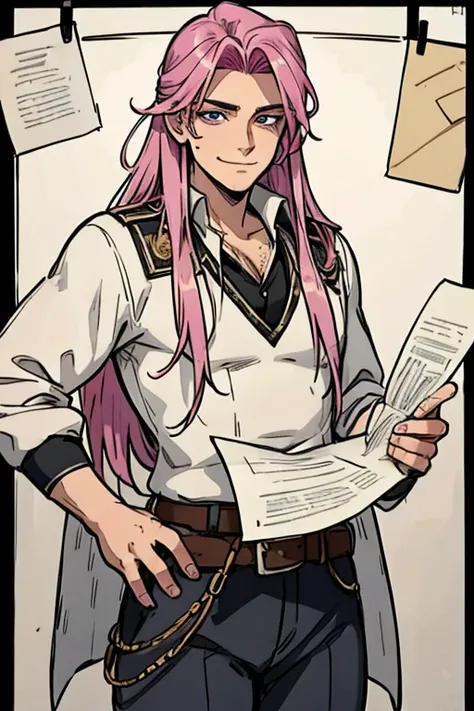 Perfect face. Perfect hands. A handsome pink haired cowboy with violet eyes and long hair in a sheriffs outfit is hanging up wanted paper in a wild west town with a big smile