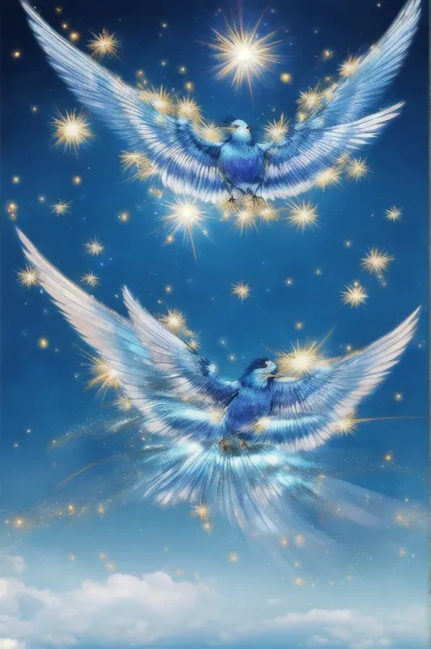 Blue Suzaku、blue bird 、Blue Phoenix、Large wings、Bright light、There is a lot of light overall、大きいblue bird 、Beautiful feathers、Flying Upwards、god々Shii、solo, Sparkle Effect, Daytime、sun、One animal、Yellow Background、Gold Background、優Shii光、眩Shii、delicate、