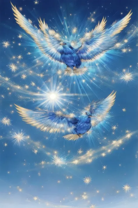 Blue Suzaku、blue bird 、Blue Phoenix、Large wings、Bright light、There is a lot of light overall、大きいblue bird 、Beautiful feathers、Flying Upwards、god々Shii、solo, Sparkle Effect, Daytime、sun、One animal、Yellow Background、Gold Background、優Shii光、眩Shii、delicate、