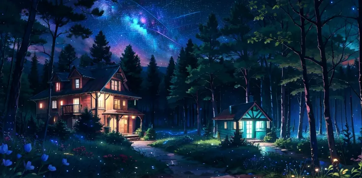 There is a candy house in the forest，The body is blue，A little bit of starlight，Pink House