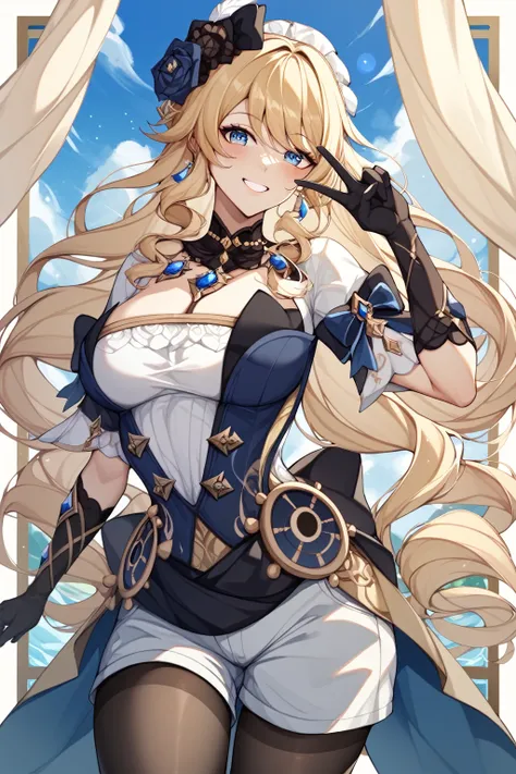 Genshin impact、Navia、big tits milf、big milf、solo、Navia、tall woman, with light skin, blue eyes, long blonde hair, hair style original, alternate costume、look at viewer、black pantyhose、gloves、blue tie、white shorts、short sleeve、stage、Stage Lights、Spotlight、pe...