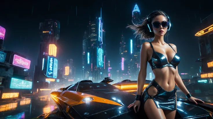 (aerial view, a flying cars docking platform, a very dark abandoned futuristic city, neon lights), rainy night. 1girl, solo, alone, large-breast:1.2 slim body, cleavage:1.1, sexy wind blowing wet dress:1.4, (headphone, black sunglasses), (((she raised:1.8 ...