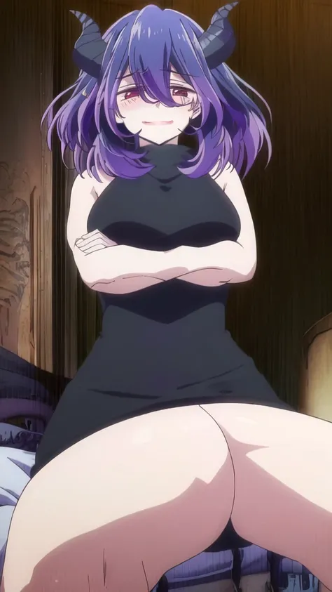 women, alone, Madura, high, much, cadera muchs, big thighs,purple hair, horns, black dress, seductive smile, blush, (hugging the viewer), Crossed arms, HK, 