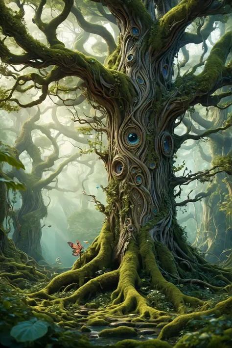 A scene of forest fairy tales, where ancient trees tell stories with the help of twisted bark and whispering leaves, combining nature with folklore.(((Fascinating patterns and incredibly beautiful plots))) (((Fairy tales)) fascinate the viewer (((with the ...