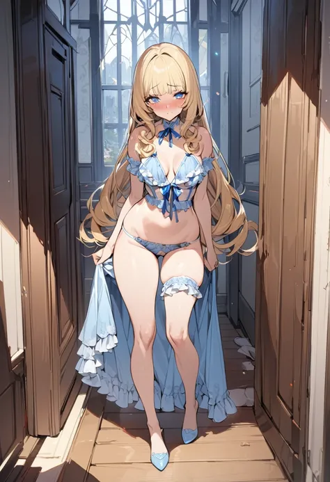 blue eyes,long eyelashes,frilly baby blue lingerie,medium breasts,wide hips,bishoujo,curls,fringe bangs,fullbody,masterpiece,embarrassed,highres,blonde,long hair,standing,