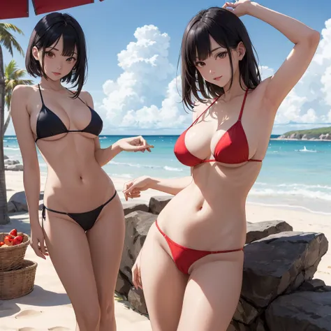 NSFW, (((Uncensored))), (((Clear picture))). high image quality, high resolution, 18 year old beautiful girl、shiny black hair、Hime cut、Brown eyes, dark eyebrows, J-cup huge breasts、172cm tall、tightened waist,、red bikini, sexy pose, Sandy Beach、Blue sky