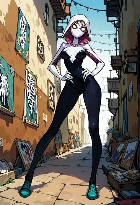 Masterpiece , best quality , Masterpiece , best quality , Spider Gwen , 1 woman, mask , Leotard , abdomen , big breasts , Long legs , Put your hands on your hips. , canvas shoes , alley